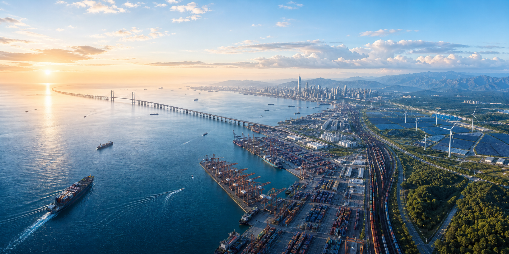 A vast industrial landscape connecting global ports, cities, railways and clean energy