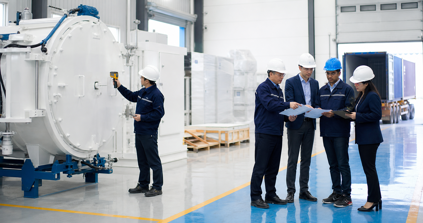 Quality engineers and international clients inspecting equipment