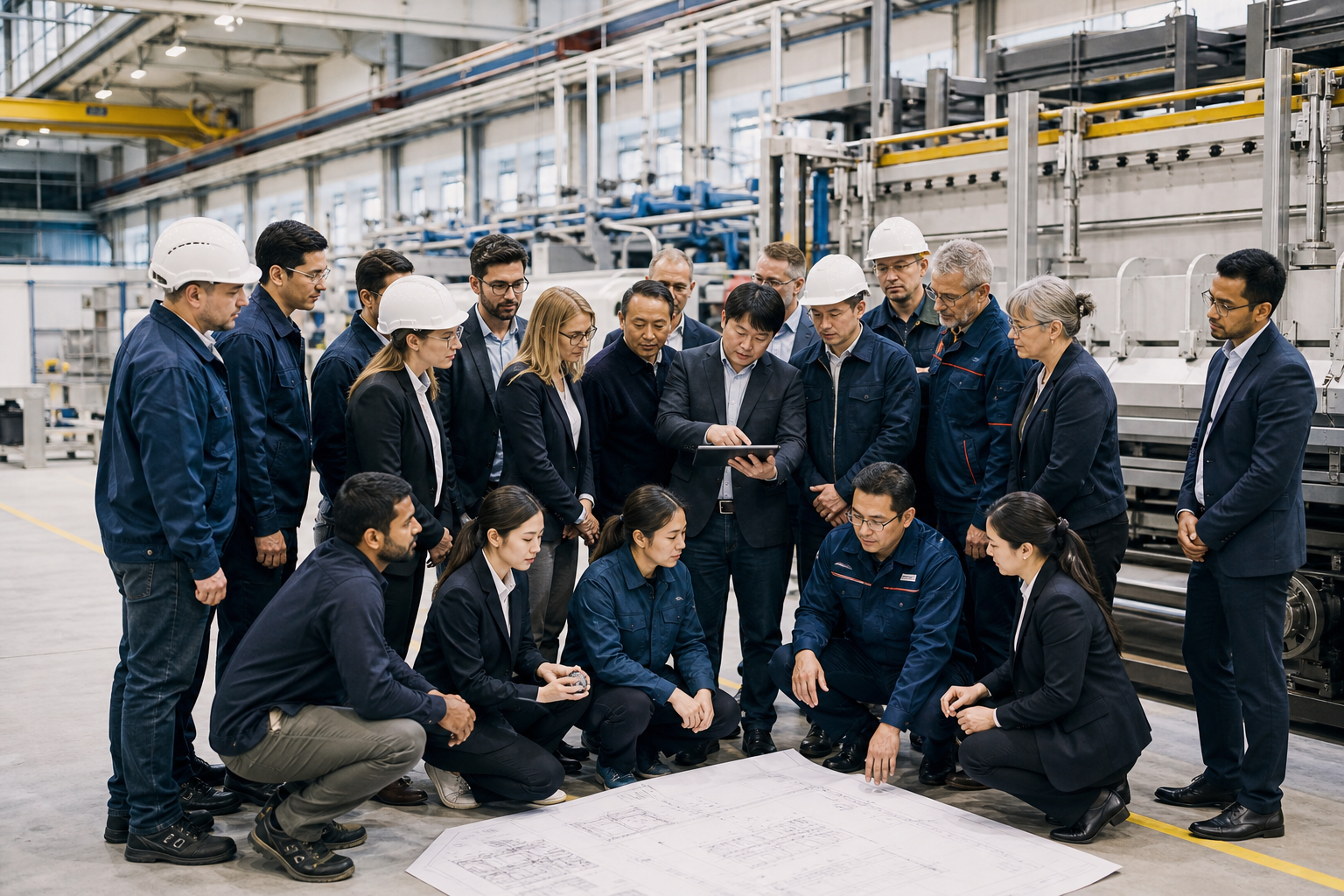 Large international engineering team reviewing a project