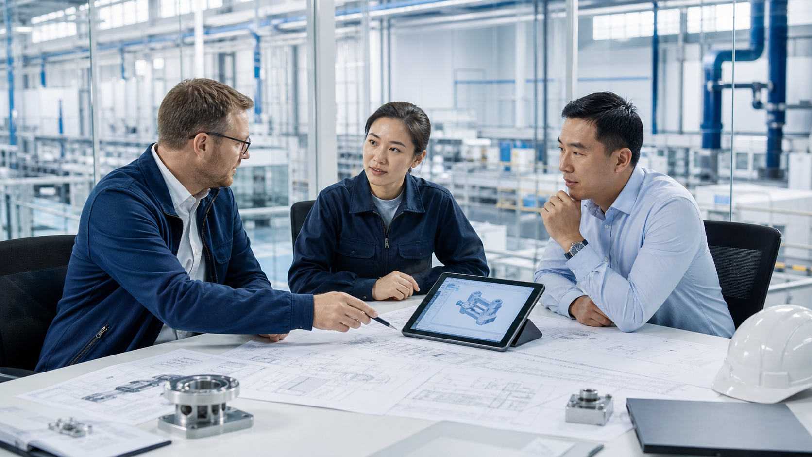 Customer and engineering team reviewing project drawings and equipment solutions