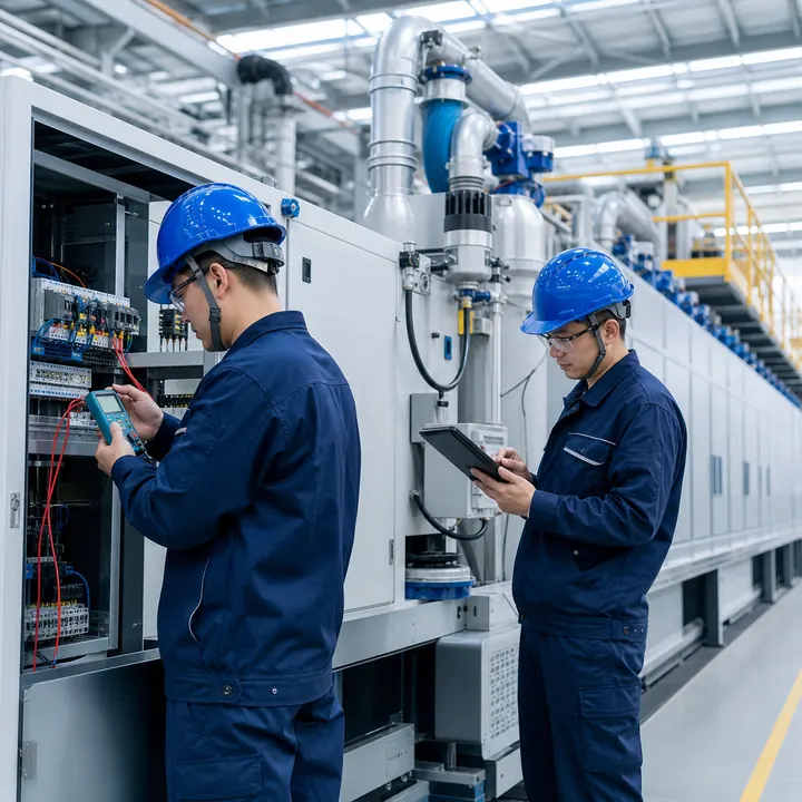 Field engineers commissioning and troubleshooting industrial equipment