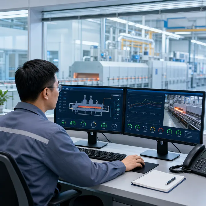 Engineer monitoring brazing equipment through a remote diagnostic system