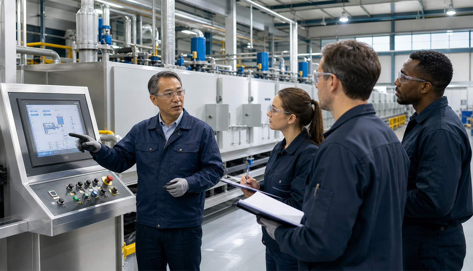 Engineers delivering technical training beside a brazing line